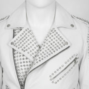 Men's Bright White Studded Leather Biker Jacket — Abberwall