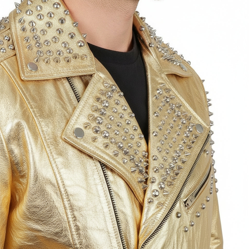 Men's Metallic Gold Studded Leather Biker Jacket — Abbeville