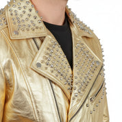 Men's Metallic Gold Studded Leather Biker Jacket — Abbeville