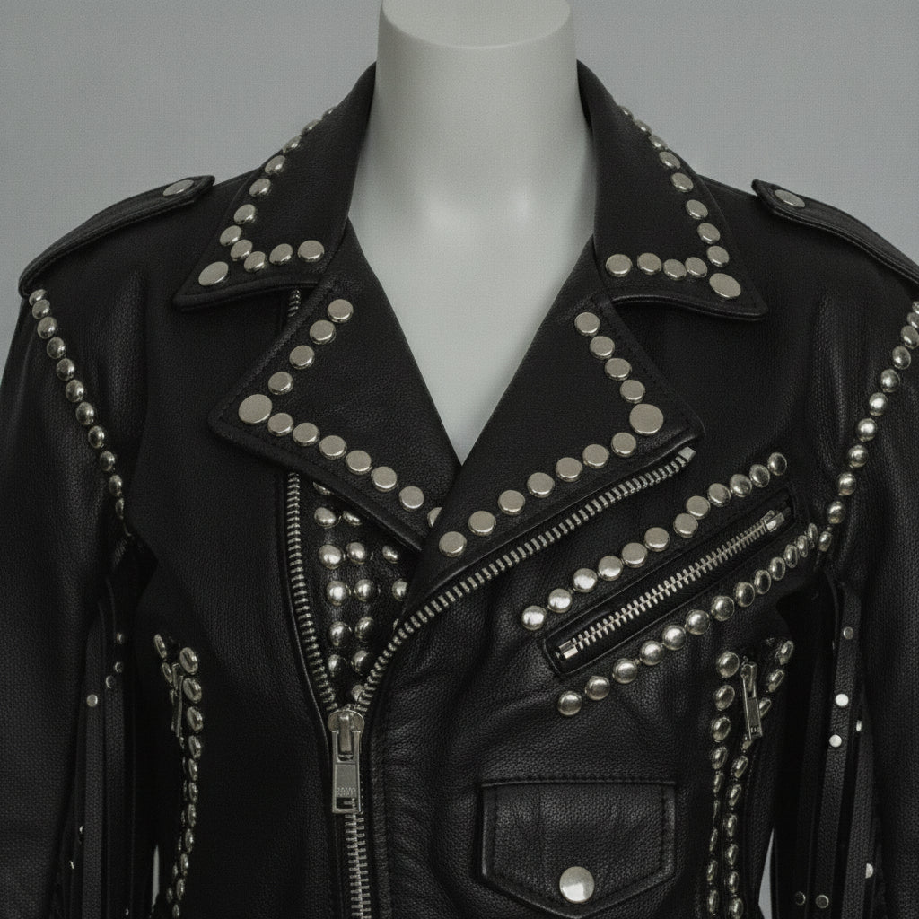Women's Black Cropped Studded Fringe Leather Biker Jacket — Abbenshaw