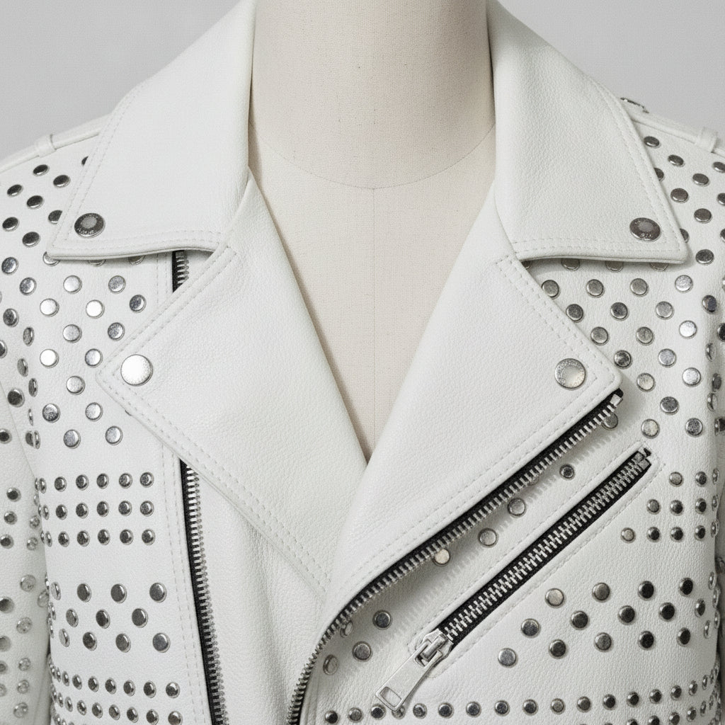Men's White Studded Leather Biker Jacket — Abberidge