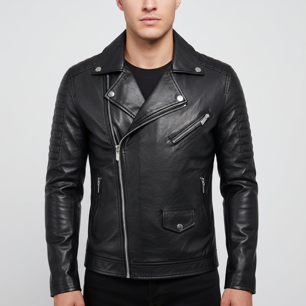 Handmade Men Black Leather Slim Fit Biker Jacket, Men Leather Outerwear for Racers