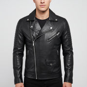 Handmade Men Black Leather Slim Fit Biker Jacket, Men Leather Outerwear for Racers