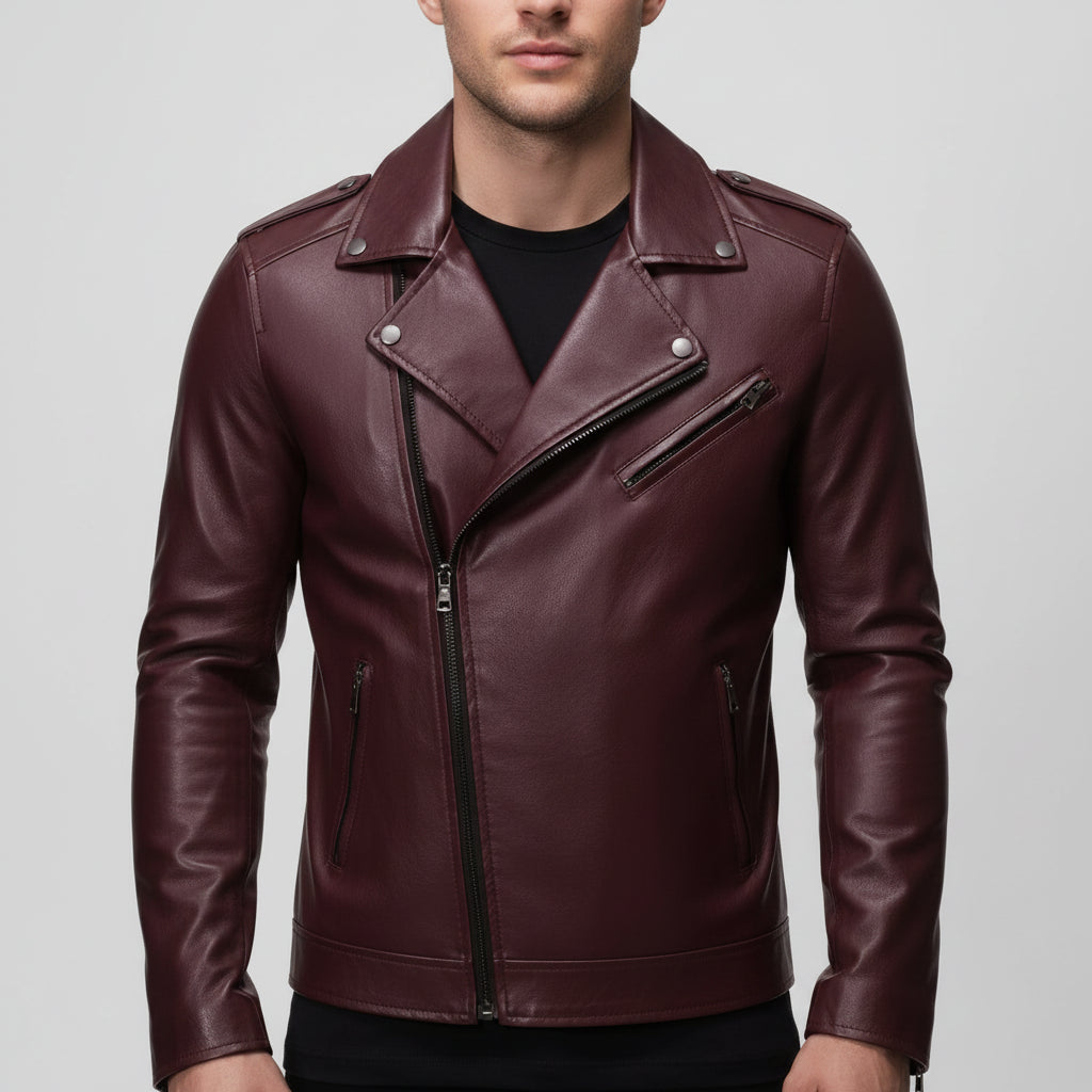 Handmade Mens Maroon Biker Leather Jacket Jacket, Maroon Leather Jacket for Men