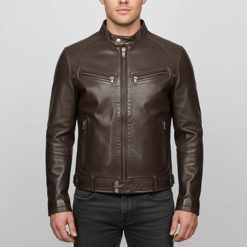Handmade Vintage Men Brown Leather Racers Cafe Biker Jackets