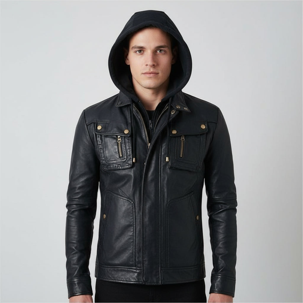 Handmade Biker Motorcycle Winter Hooded Leather Jacket, Men Hooded Jacket