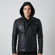 Handmade Biker Motorcycle Winter Hooded Leather Jacket, Men Hooded Jacket