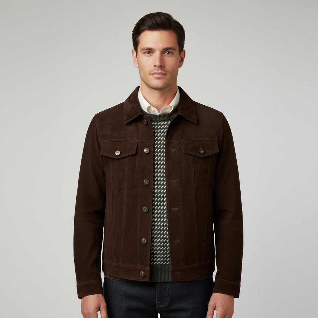 Men's Handmade Brown Suede Trucker Jacket with Classic Shirt Collar