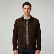 Men's Handmade Brown Suede Trucker Jacket with Classic Shirt Collar
