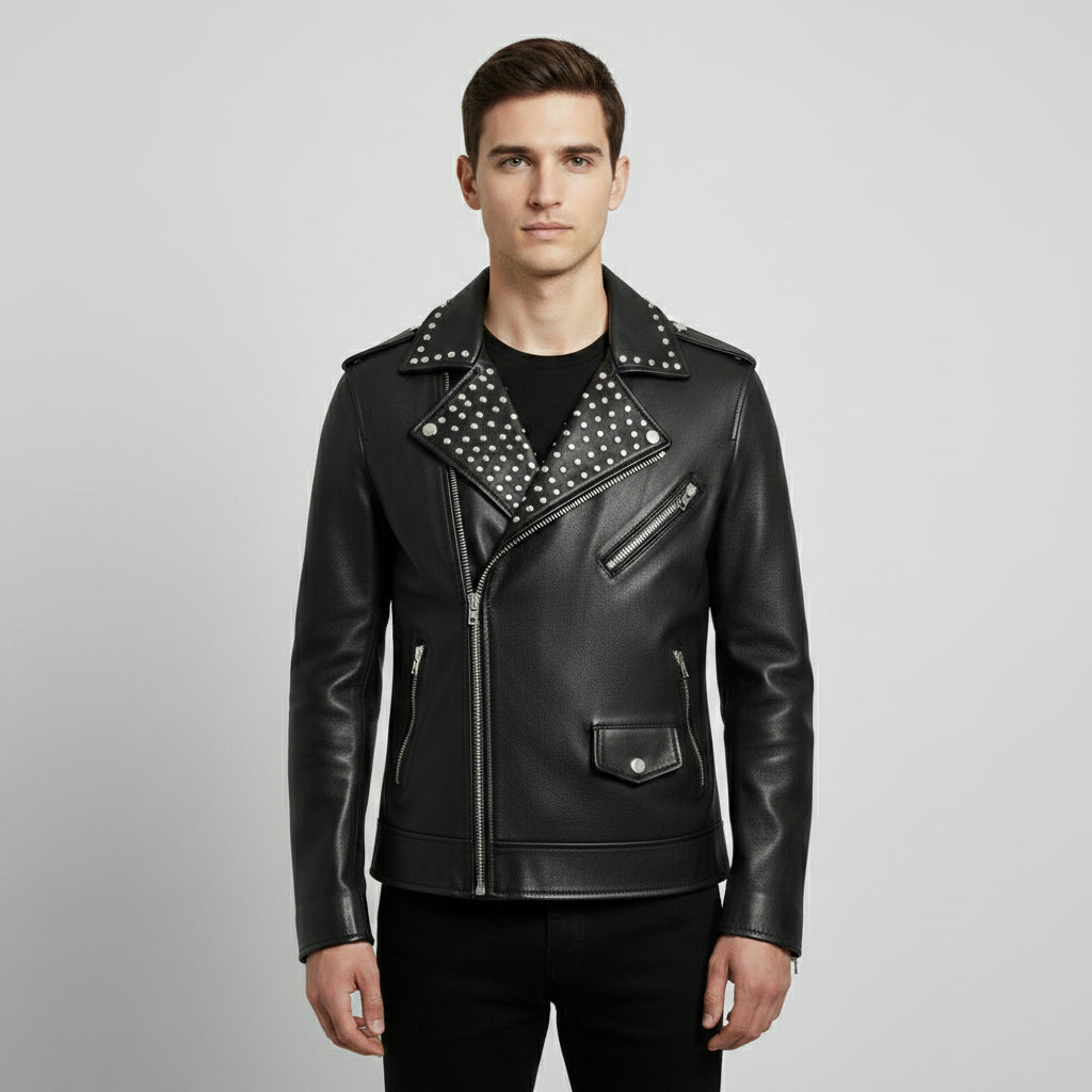 Handmade Fashion Leather Silver Studded Real Soft Leather Biker Style Jacket for Men