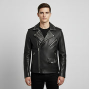Handmade Fashion Leather Silver Studded Real Soft Leather Biker Style Jacket for Men