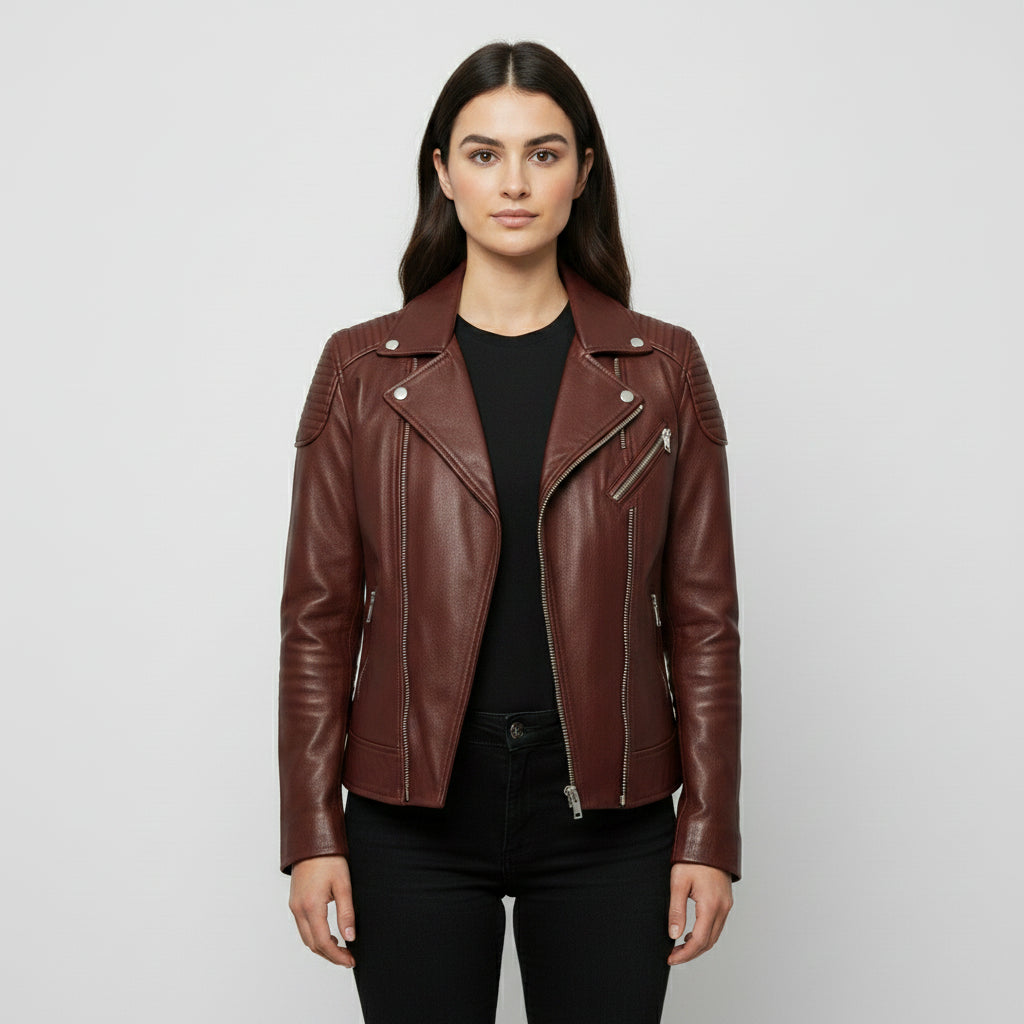 Women's Handmade Biker Maroon Leather Jacket with Zipper Closure