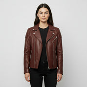 Women's Handmade Biker Maroon Leather Jacket with Zipper Closure