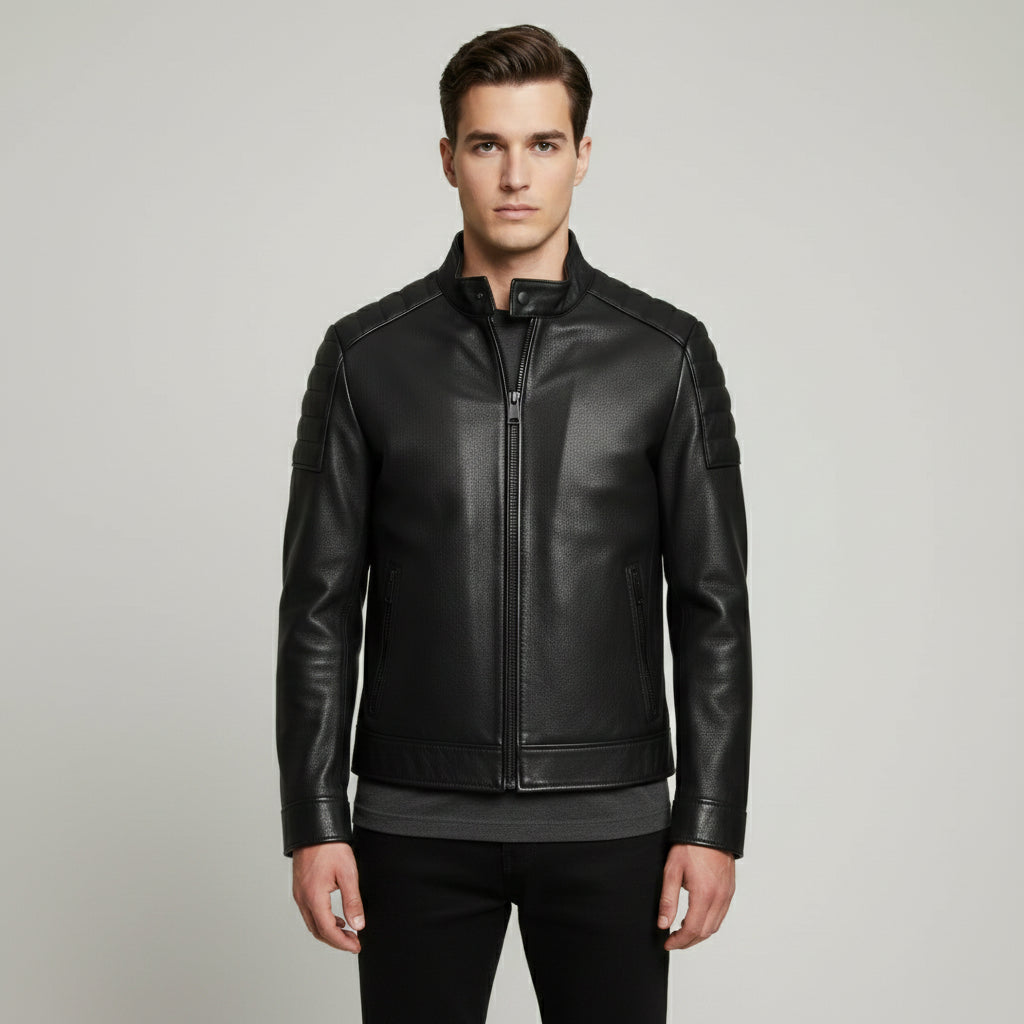 Handmade Men Black Sheep Leather Jacket, Stand Collar Motorcycle Jacket