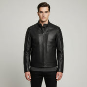 Handmade Men Black Sheep Leather Jacket, Stand Collar Motorcycle Jacket