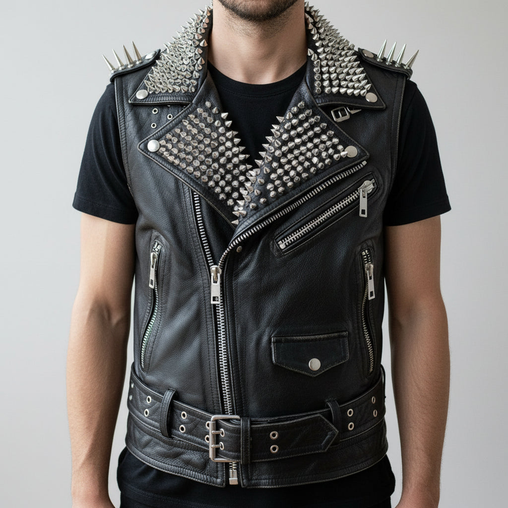Handmade Men Rock Punk Style Belted Leather Vest, Biker Studded Jacket