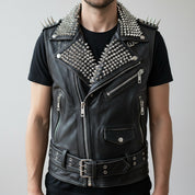 Handmade Men Rock Punk Style Belted Leather Vest, Biker Studded Jacket