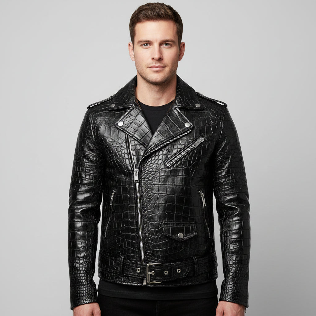 Handmade Men Black Crocodile Biker Leather Jacket,  Motorcycle Jacket