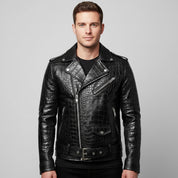 Handmade Men Black Crocodile Biker Leather Jacket,  Motorcycle Jacket