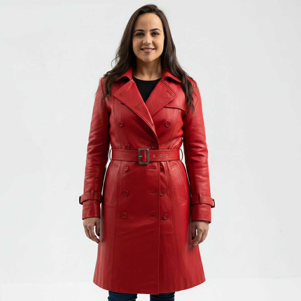 Luxurious Women's Long Fire Red Steampunk Jacket, Premium Lambskin Leather Trench Coat for Women
