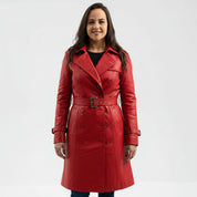 Luxurious Women's Long Fire Red Steampunk Jacket, Premium Lambskin Leather Trench Coat for Women