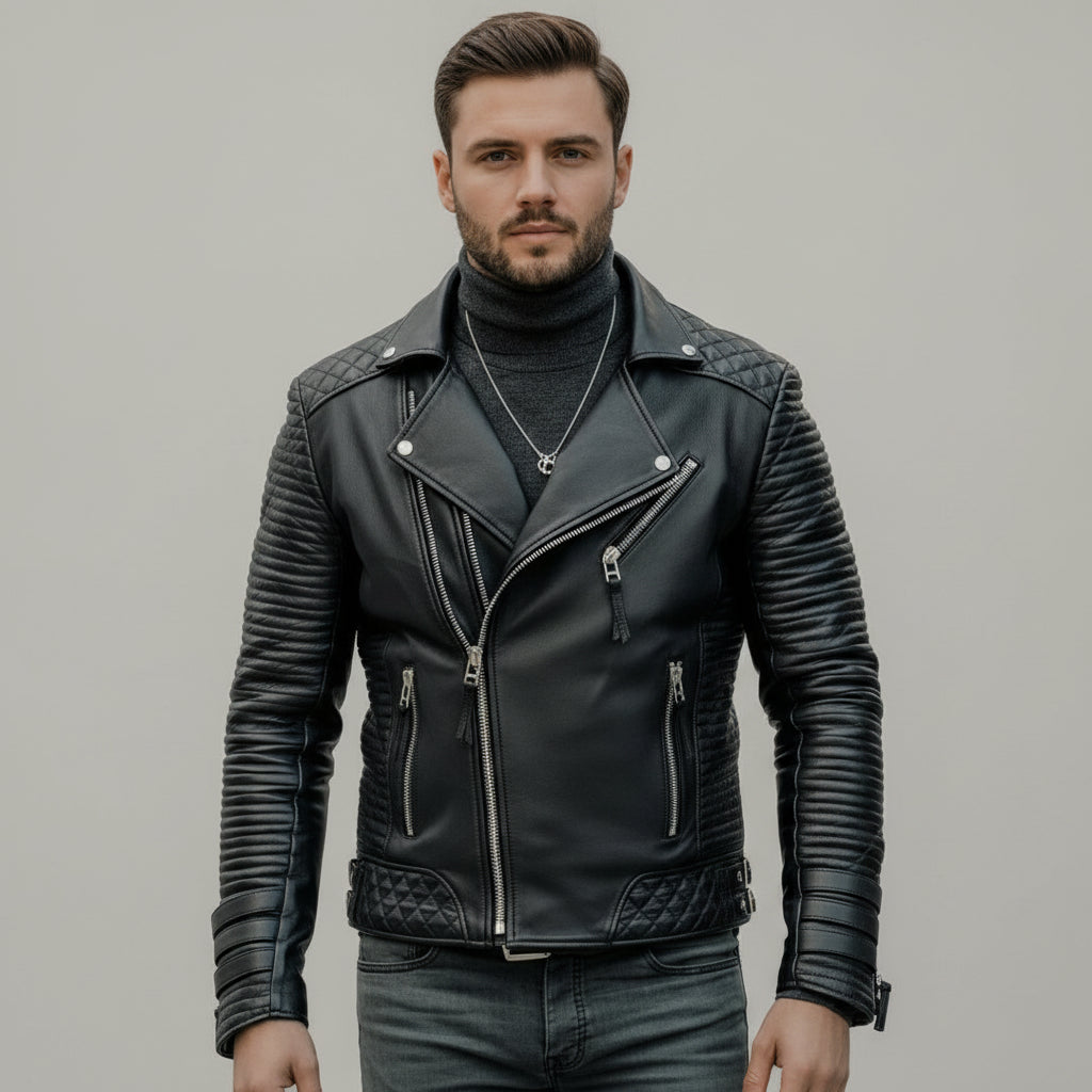 Handmade Men's Black Biker Leather Jacket, Genuine Leather Motorcycle Jacket
