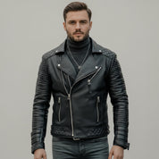 Handmade Men's Black Biker Leather Jacket, Genuine Leather Motorcycle Jacket