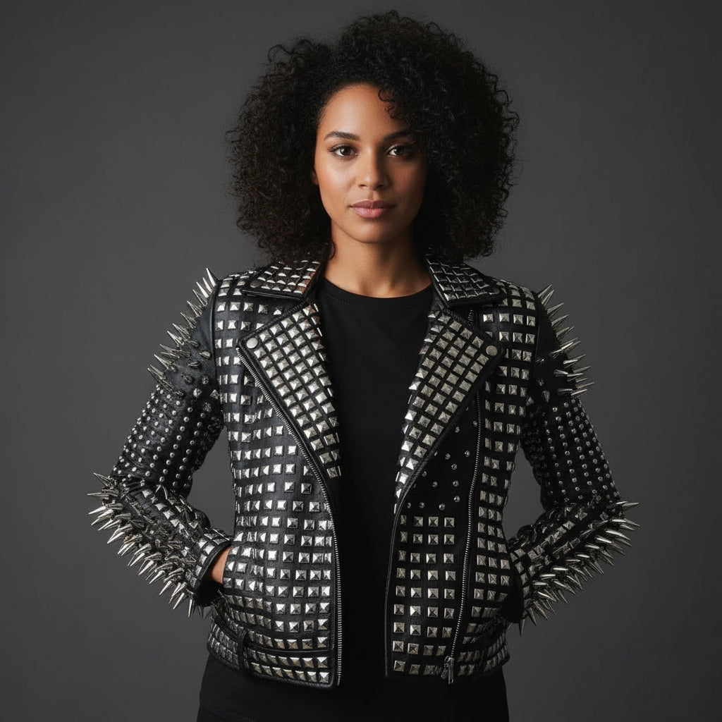 Women's Black Studded Leather Biker Jacket