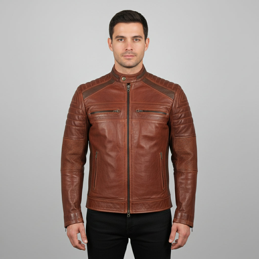 Men's Brown Distressed Leather Cafe Racer Jacket