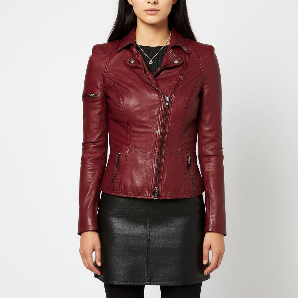 Women's Maroon Front Zip Biker Leather Jacket