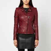 Women's Maroon Front Zip Biker Leather Jacket