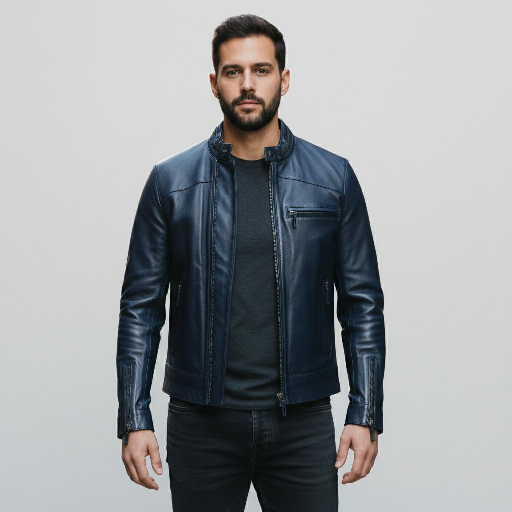 Handmade Men Navy Blue Biker Leather Jacket, Blue Motorcycle Jacket, Jacket for Men