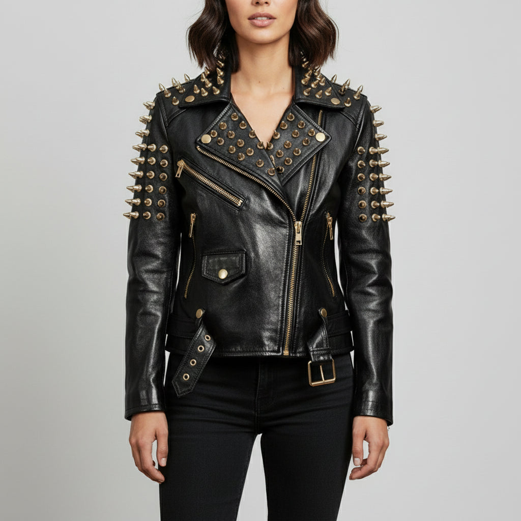 Women's Black Full Golden Spiked Studded Brando Leather Jacket