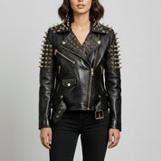 Women's Black Full Golden Spiked Studded Brando Leather Jacket