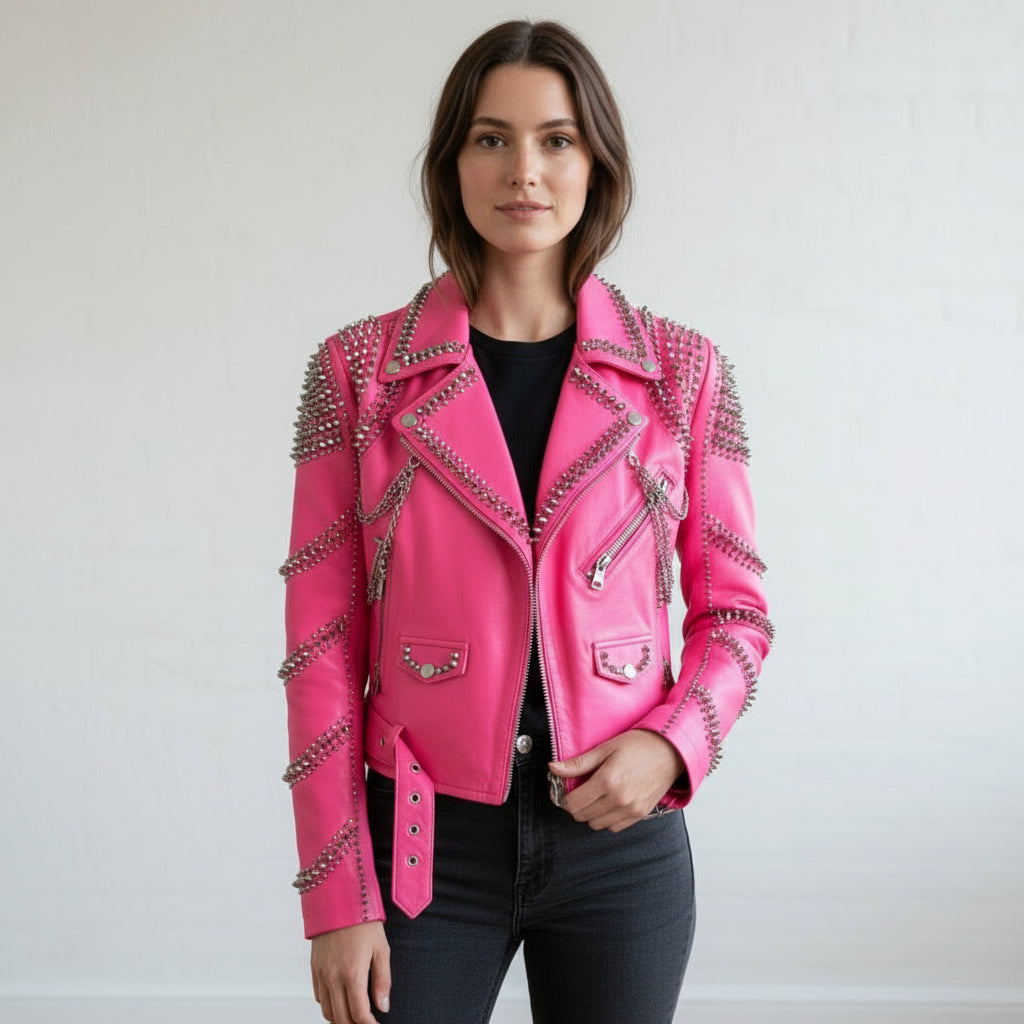 Handmade Women Pink Punk Style Jacket, Leather Gothic Rivet Rock Jacket