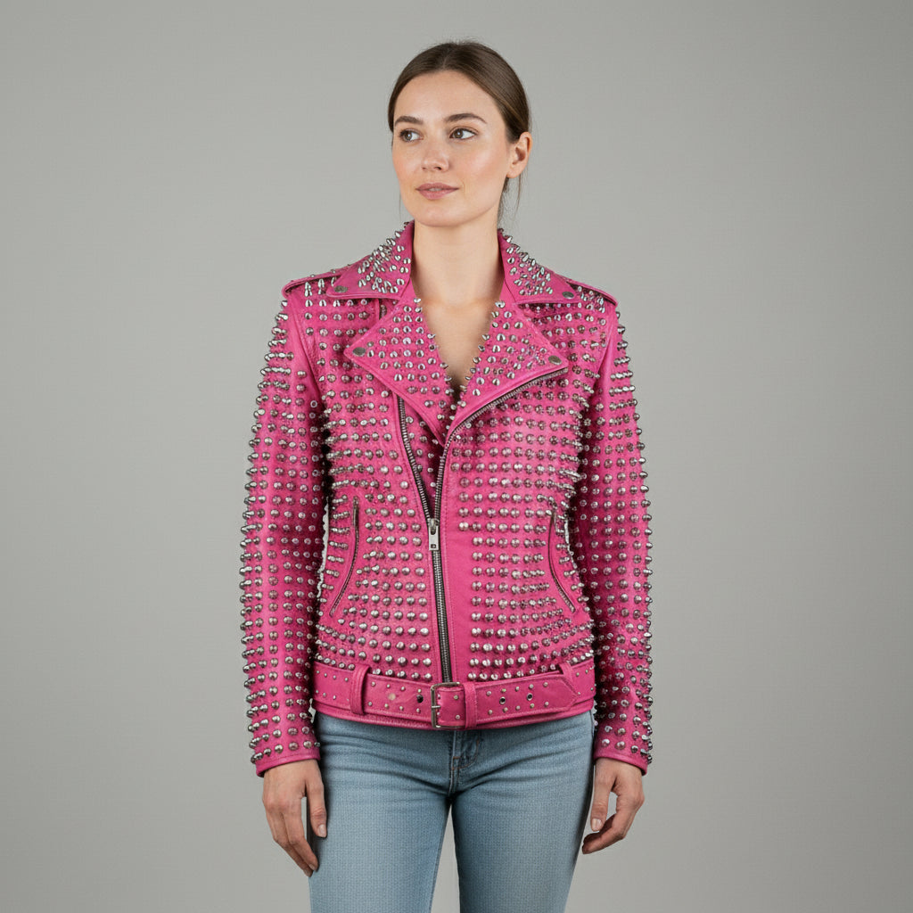 Women's Handmade Gothic Pink Studded Leather Jacket