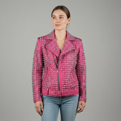 Women's Handmade Gothic Pink Studded Leather Jacket