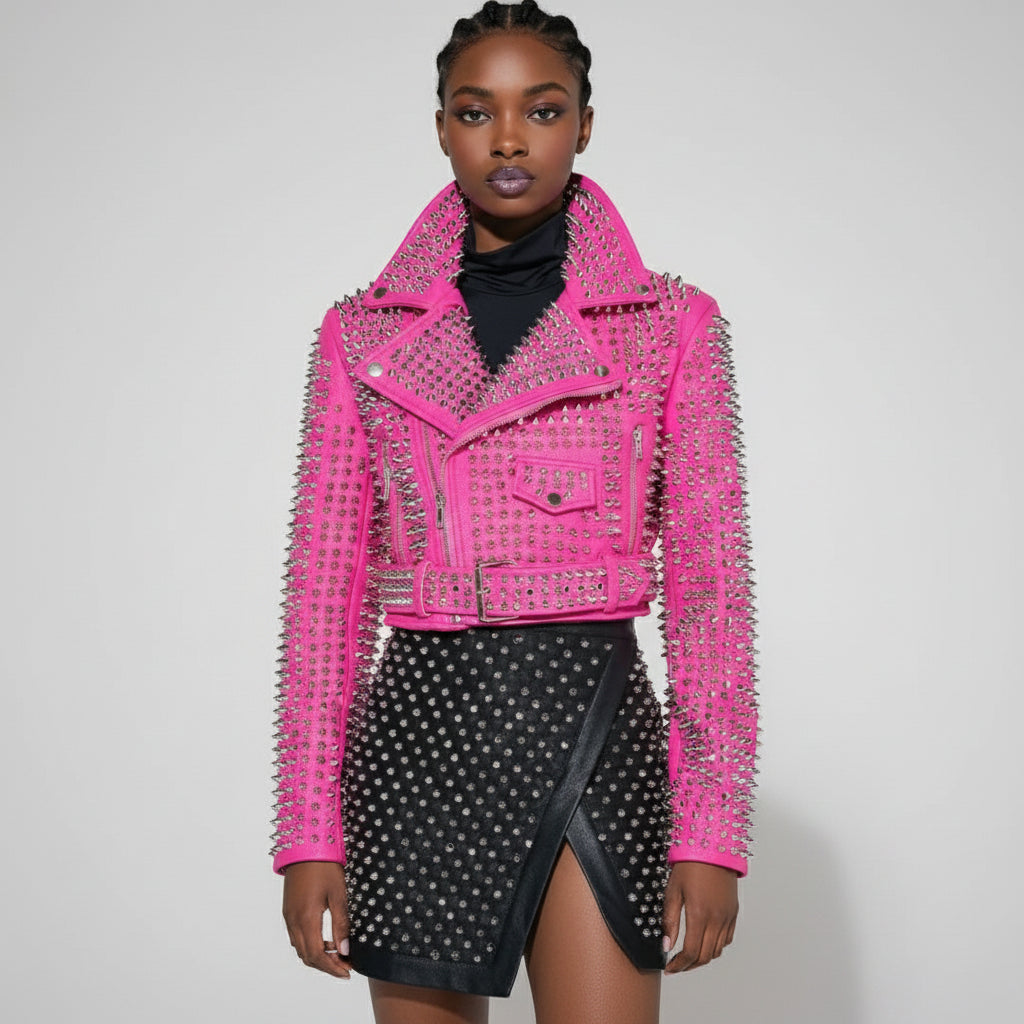 Women's Hot Pink Studded Full-Grain Leather Moto Jacket