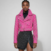 Women's Hot Pink Studded Full-Grain Leather Moto Jacket