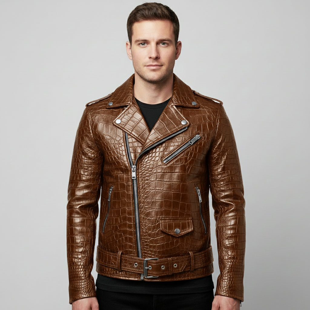 Men's Brown Crocodile Embossed Biker Leather Jacket