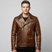 Men's Brown Crocodile Embossed Biker Leather Jacket