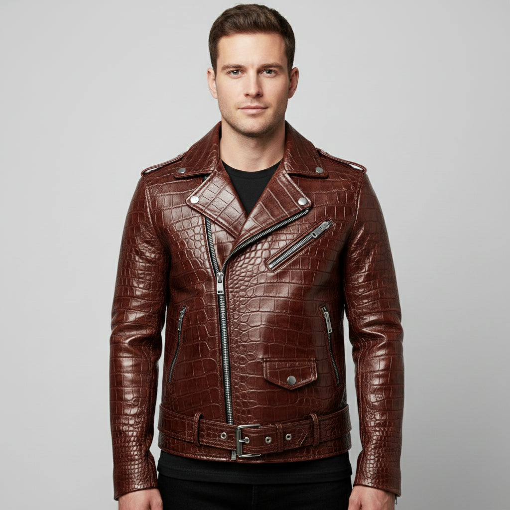 Handmade Men Brown Crocodile Biker Leather Jacket - Motorcycle