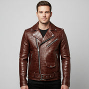 Men's Cognac Crocodile Embossed Biker Leather Jacket