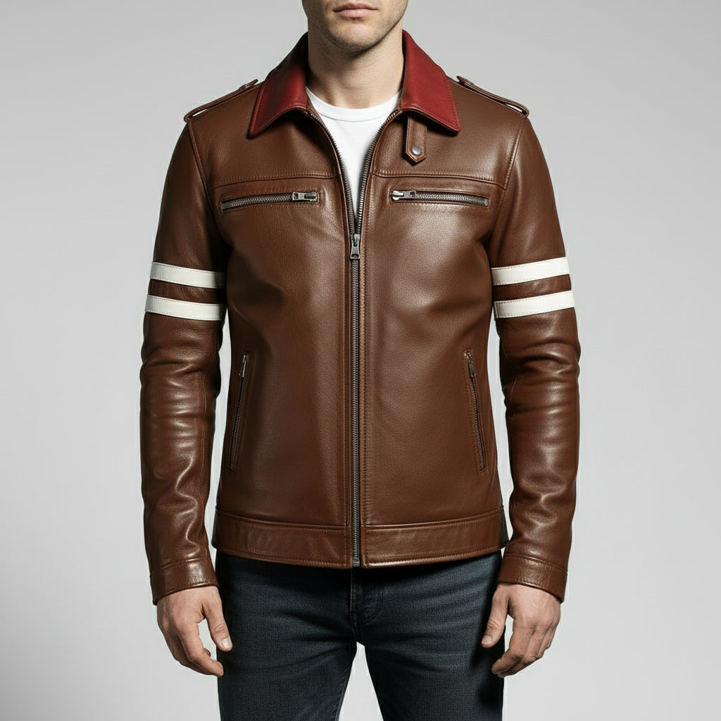 Men's Brown Embroidered Full-Grain Leather Jacket