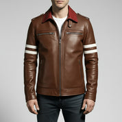 Men's Brown Embroidered Full-Grain Leather Jacket