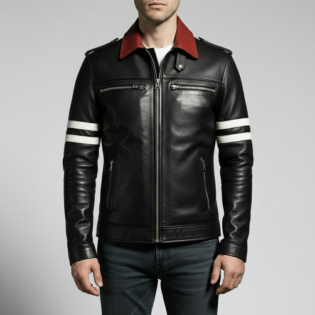 Men's Black Embroidered Full-Grain Leather Biker Jacket