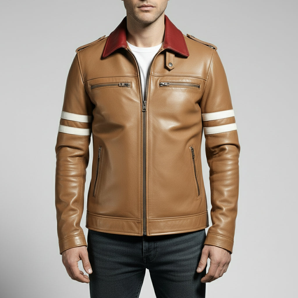 Men's Tan Embroidered Full-Grain Leather Jacket