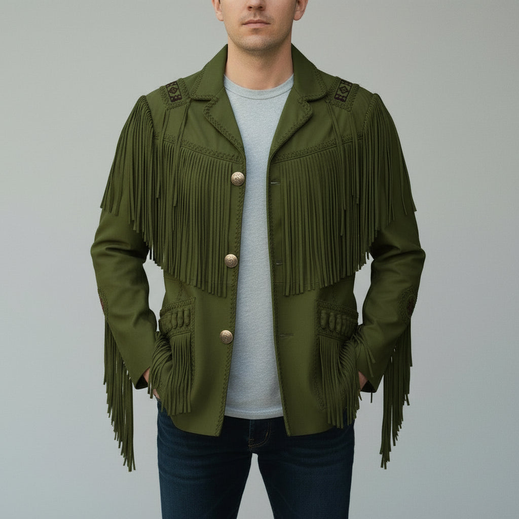 Men's Handmade Fringed Olive Green Suede Cowboy Jacket