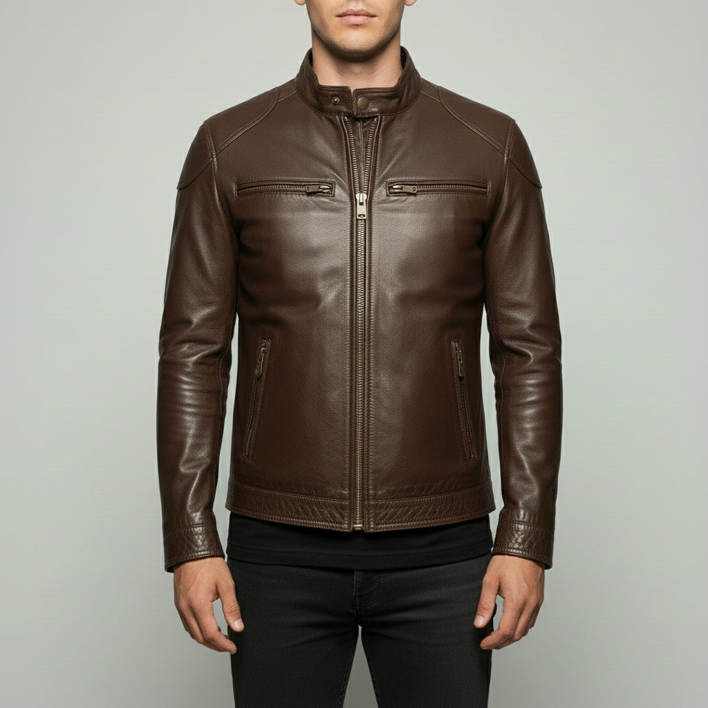 Men's Brown Slim Fit Leather Biker Jacket
