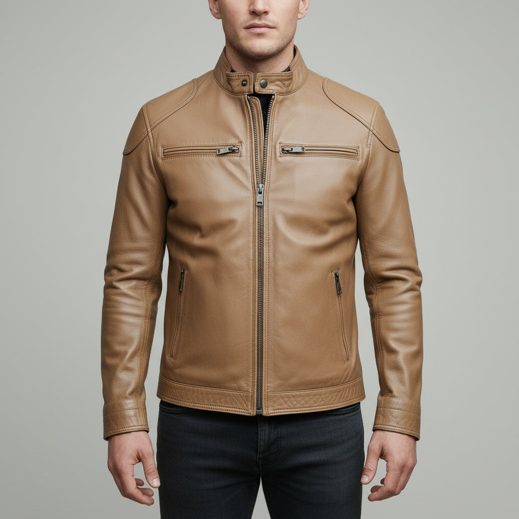 Men's Tan Slim Fit Leather Biker Jacket